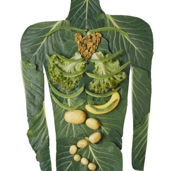 The shape of the human body made entirely out of greens and fruit.