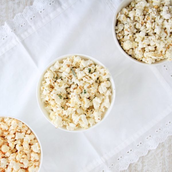 Popcorn 3 ways: Sriracha Lime, Rosemary Parmesan and Olive oil with Sea Salt and Fresh Cracked Pepper