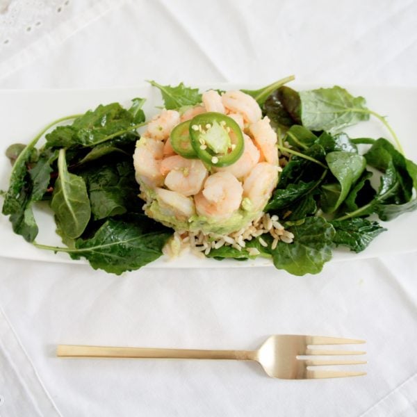 Brown Rice and Avocado Shrimp Stack with Tangy Asian Kale Salad