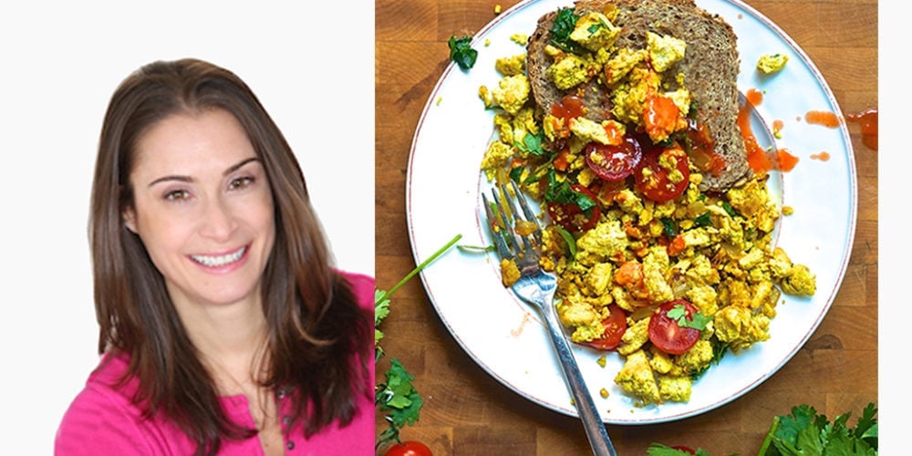 Registered Dietitian Abby Langer and a photo of Tofu Scramble on a white round plate.