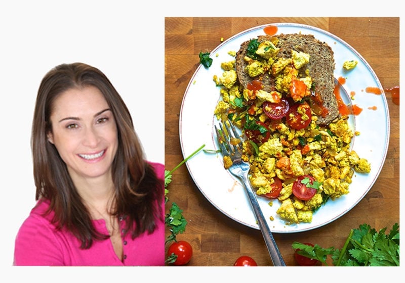 Registered Dietitian Abby Langer and a photo of Tofu Scramble on a white round plate.