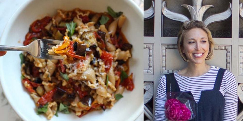 Miranda Hammer, Registered Dietitian + Slow Roasted Tomato and Eggplant Pasta in a white round bowl.