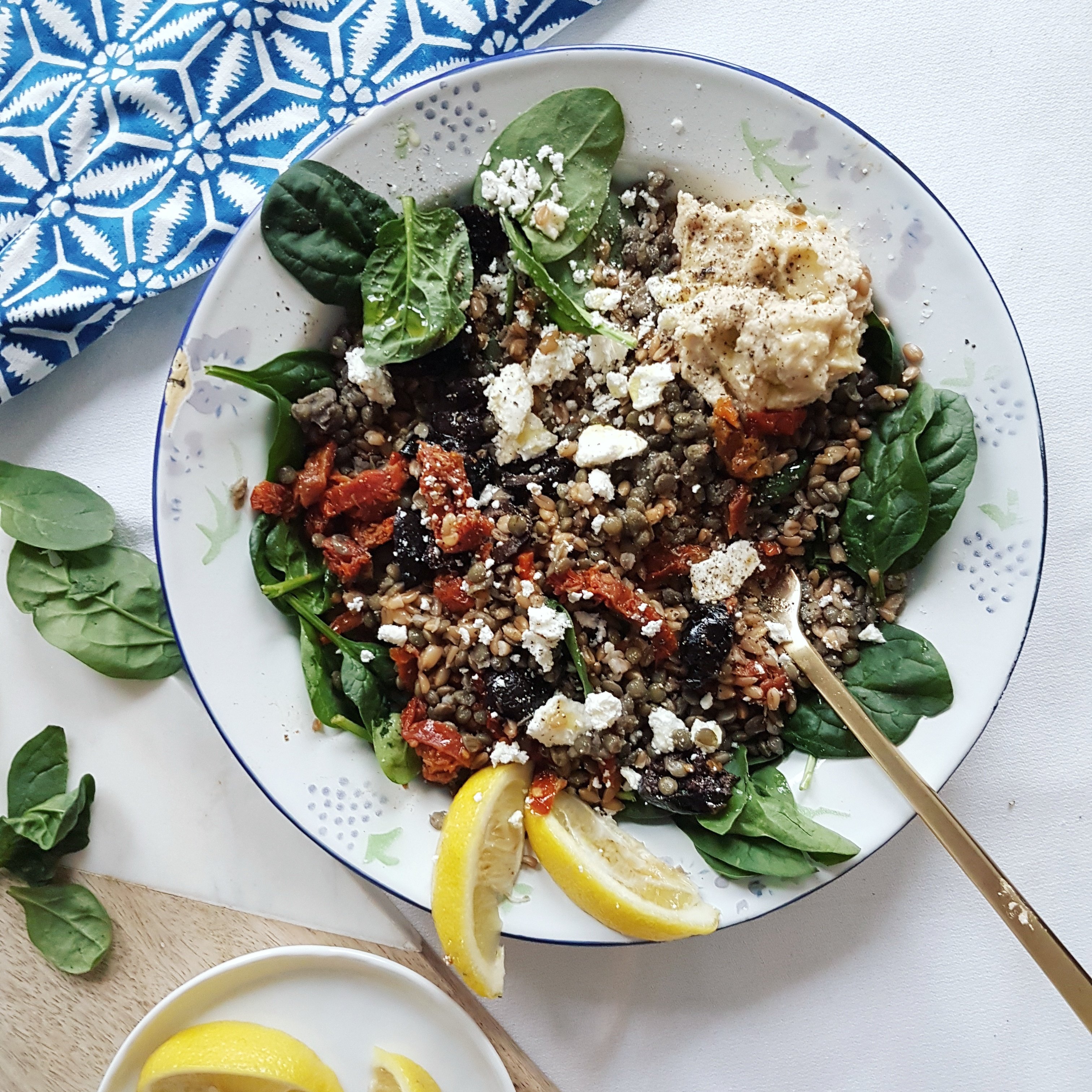 Mediterranean Farro and Green Lentil GRAIN Bowl with Feta, Olives and Sundried Tomatoes