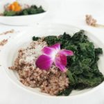 Easy Baked Brown Rice Lemongrass Risotto with Roasted Kale in a white round bowl. Ingredients include risotto, kale, shallot, garlic, short grain rice, lemongrass tea, Parmesan cheese.