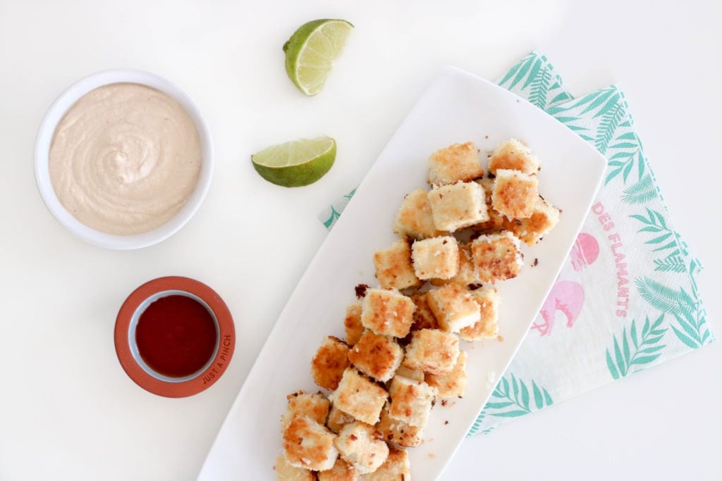 Coconut Crusted Tofu Bits with Sriracha Cashew Dipping Sauce