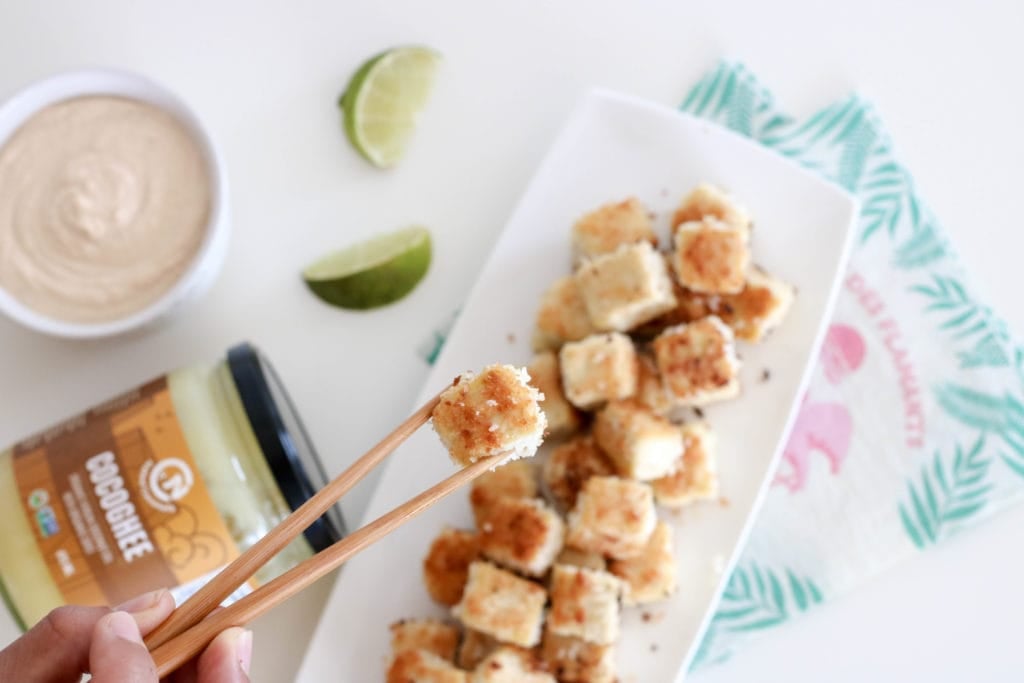Coconut Crusted Tofu Bits with Chopsticks