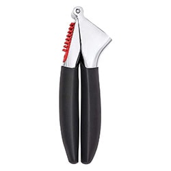 OXO Good Grips Soft-Handled Garlic Press with a white background