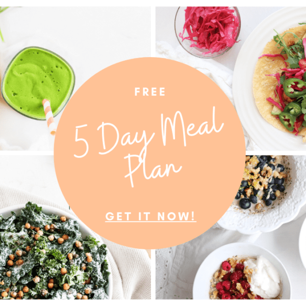 Layout of 4 food images with text overlay for free 5 day meal plan