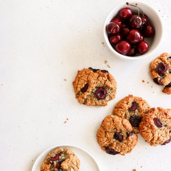 Soft & Crispy Oatmeal Almond Butter Cookies with Fresh Cherries