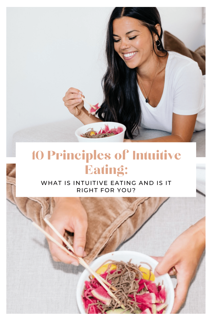 Graphic of a Registered Dietitian eating from a bowl with the words, "10 Principles of Intuitive Eating and is it right for you?" layered on top of the image. 