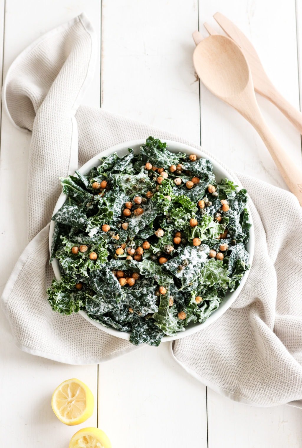 Kale salad with chickpeas in a big salad bowl