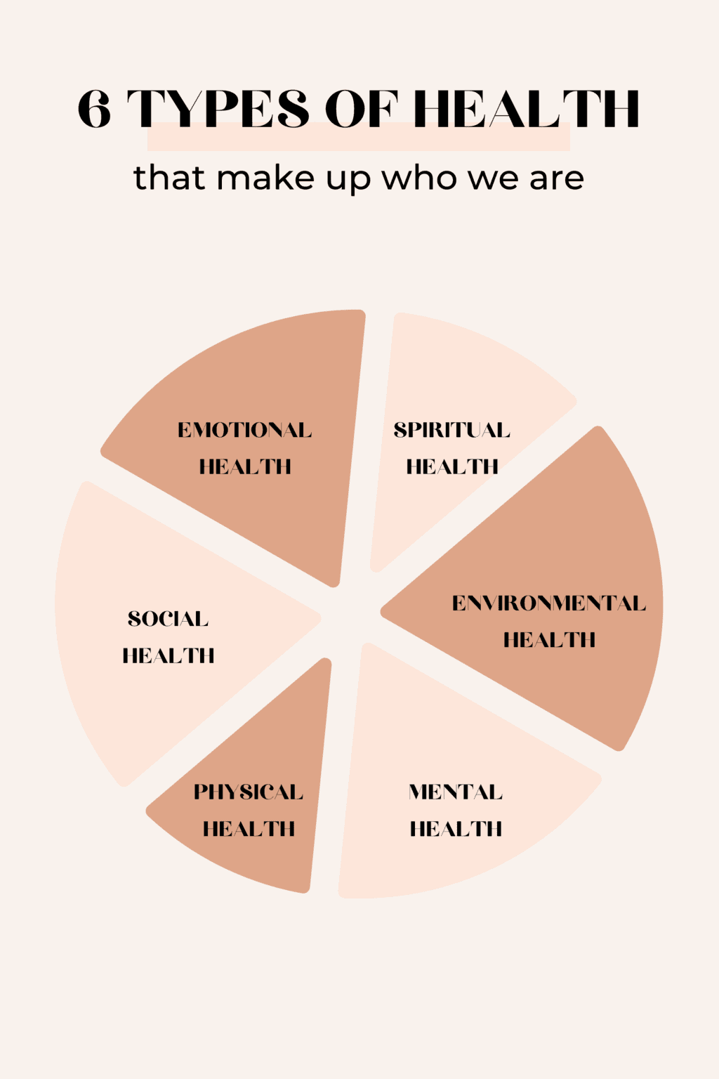 a pie chart split into 6 pieces demonstrating the 6 different types of health which are: emotional health, spiritual health, environmental health, mental health, physical health, social health, and emotional health