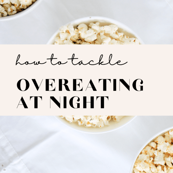 Three bowls of popcorn are laid diagonally across a table with a white table cloth. The top left popcorn has rosemary on it, the middle popcorn has butter and salt on it and the bottle right popcorn has siracha on it. There is text overlay that says "how to tackle overeating at night"