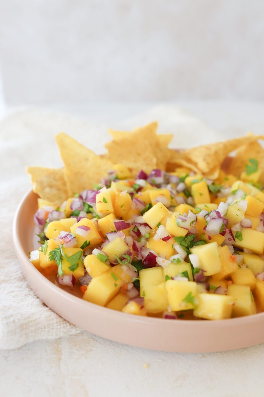 A pink plate with a rim is filled with mango habanero salsa and tortilla chips. The mango is cubed and mixed in with red onion and cilantro.