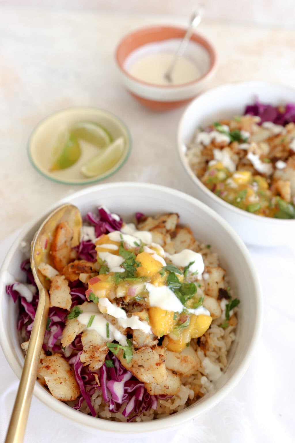 An overhead image of a table. At the top of the image is half of a 5 ounce red bowl. There is white lime crema in it. To the right is another 5 ounce bowl with green lime slices in it. To the right of the lime bowl, is a white small serving bowl, it is filled with purple cabbage, mango, rice, cajun fish and topped with cilantro and lime crema.