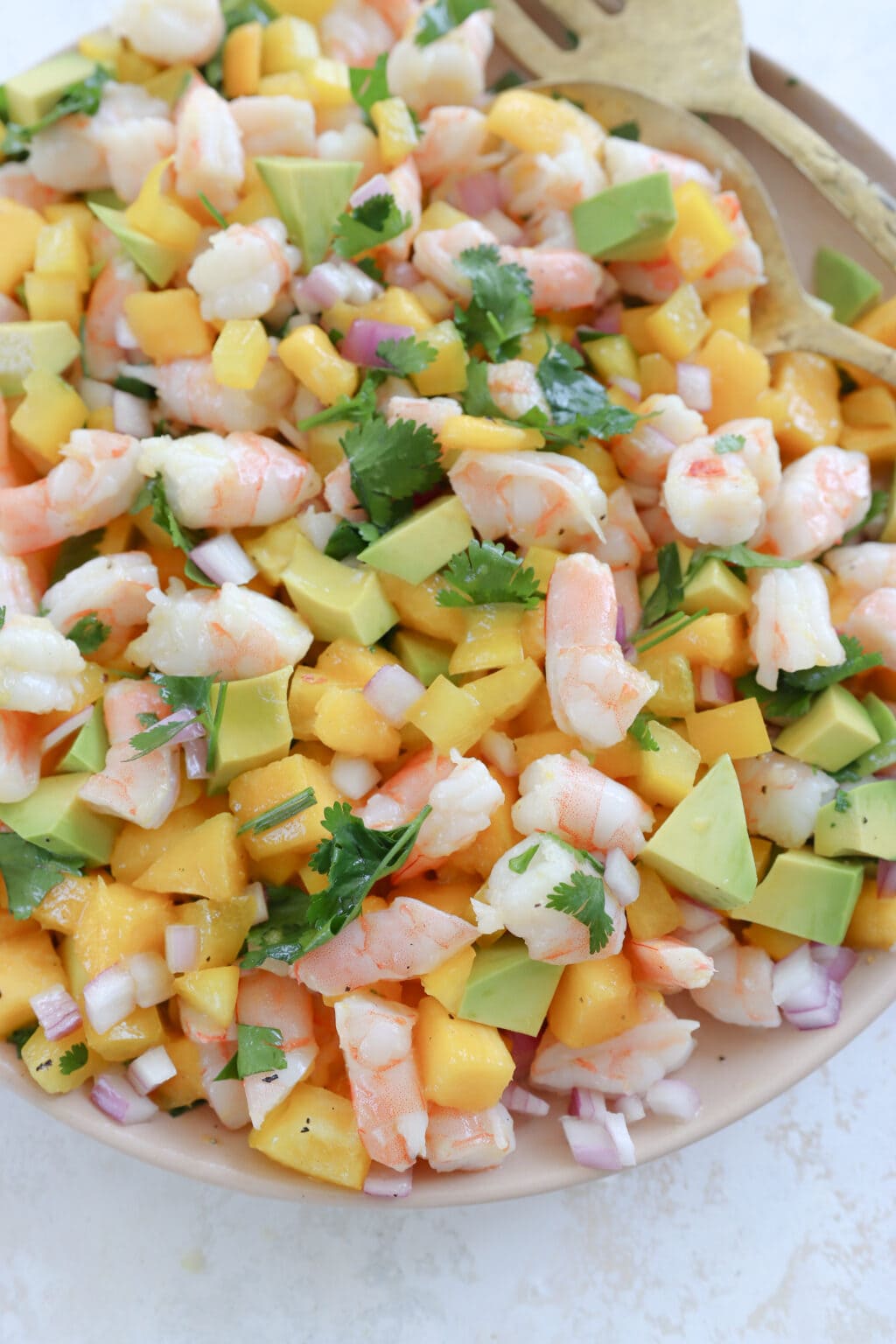 An overhead shot of a salad on a pink plate. The salad has cubed mango, cubed avocado, chopped shrimp and cilantro in it.
