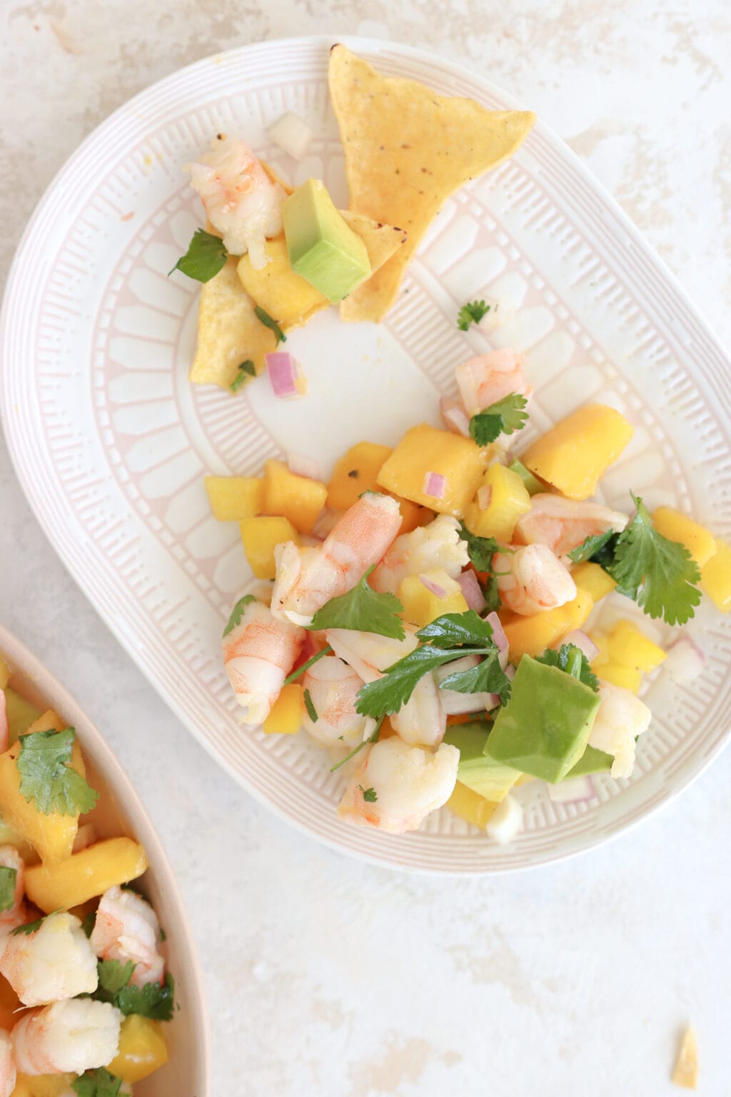 A white plate with pink details has a serving of salad and chips. In the corner is a platter of salad. There is red onion, chopped shrimp, cubed mango, and tortilla chips on the plate