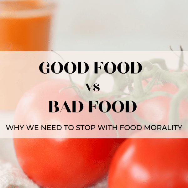Tomatoes on the vine. The text overlay reads "Good Food VS Bad Food Why we need to stop with food morality"