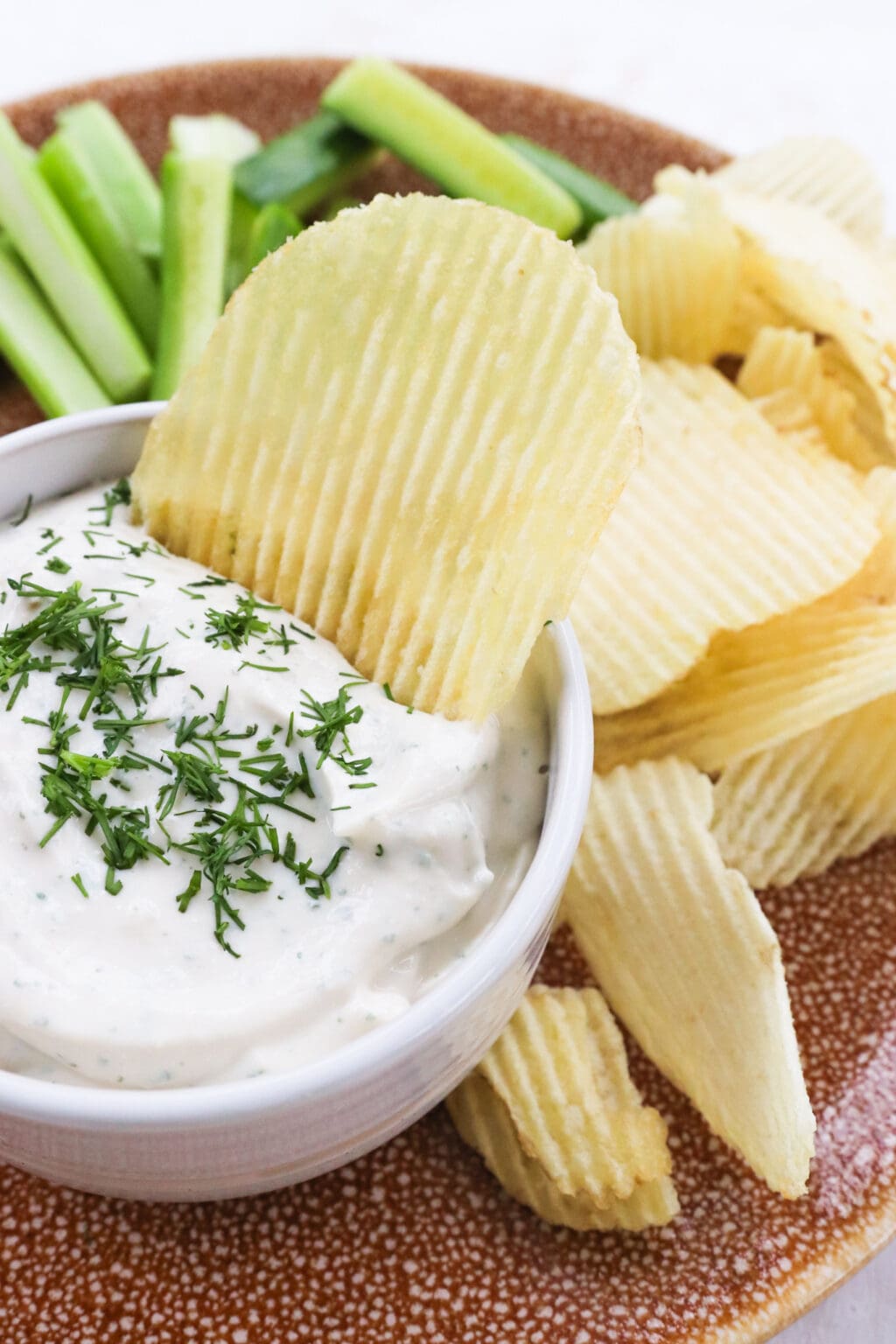 A ripple chip dipped into a white bowl of french onion cottage cheese dip