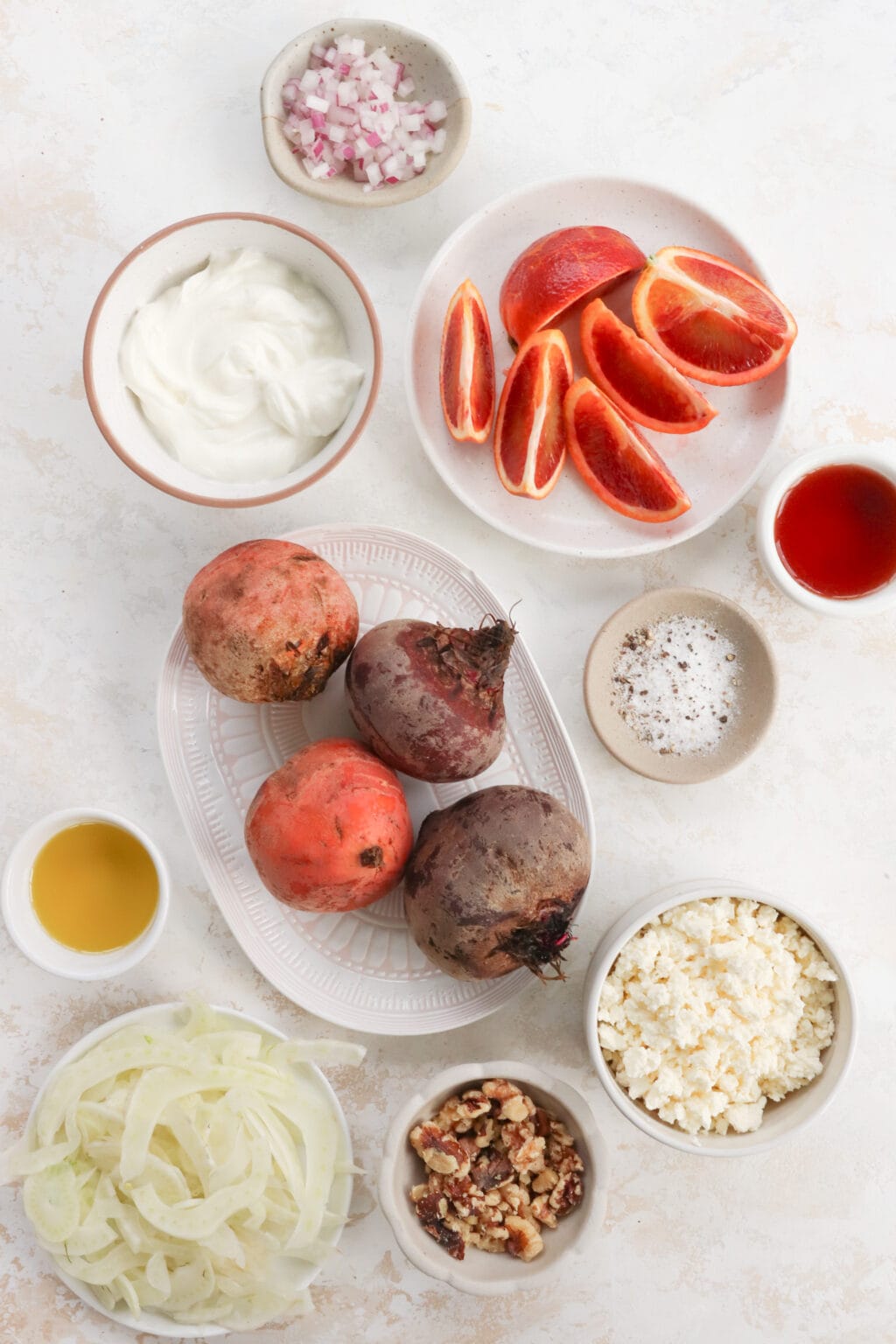 Ingredients for Blood Orange & Roasted Beet Salad with Creamy Yogurt Dressing, including Greek yogurt, feta cheese, beets and golden beets, avocado oil,
blood oranges, extra-virgin olive oil, salt and pepper, fennel, shallot, red wine vinegar, mint, toasted walnuts, and honey
