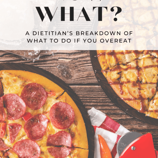 An image of two pizzas on trays with the heading "you overeat, now what? A dietitian's breakdown of what to do if you overeat".