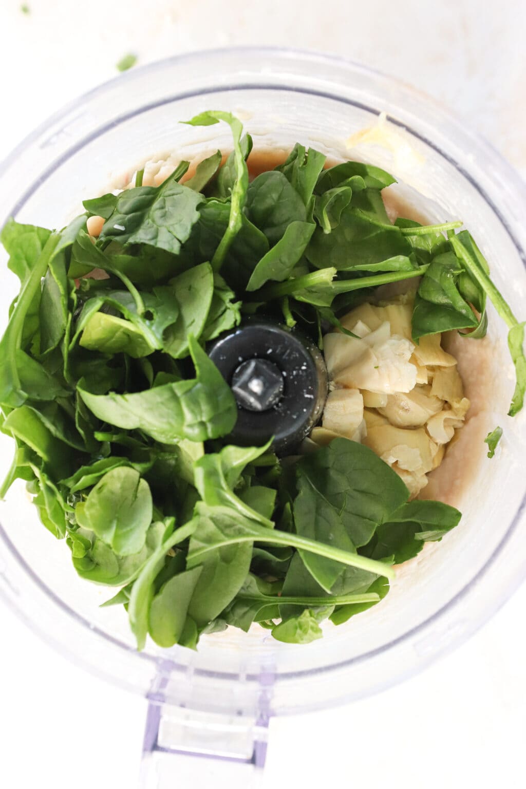 Ingredients for healthy white bean, spinach and artichoke dip, including white cannellini beans, plain Greek yogurt, olive oil, milk, garlic, salt, lemon juice, white onion, parmesan cheese, artichoke hearts, spinach, and marbled cheddar cheese in a food processer