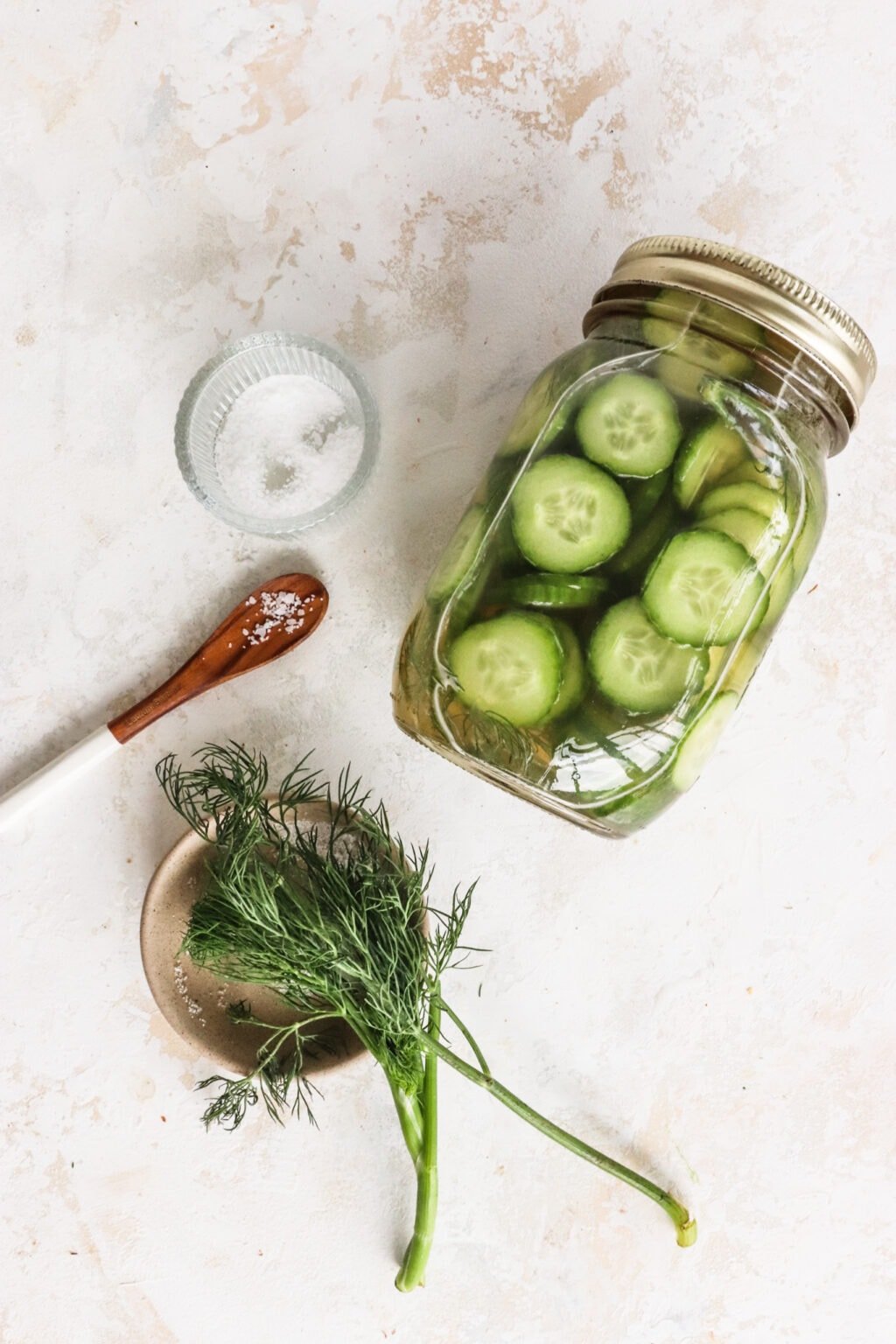 Apple Cider Vinegar Cucumber Pickles with Dill in a pickle jar with a spoon, dill, and salt on the side