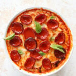 Quick Baked Cottage Cheese Pizza Bowl Dip in a white dish