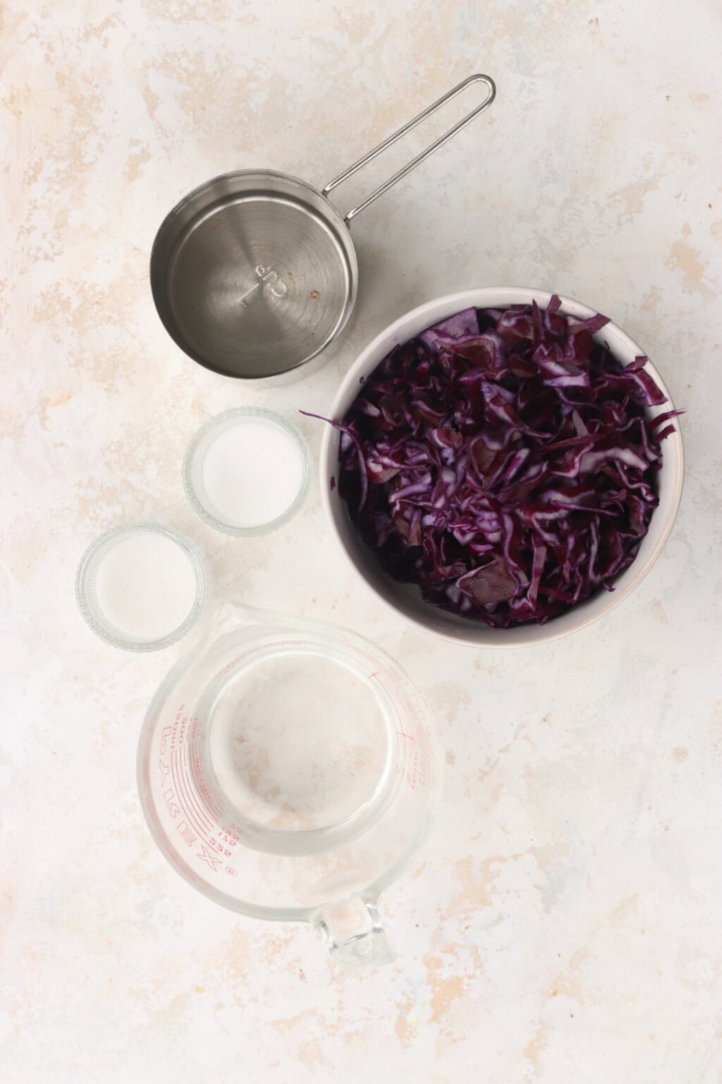 Ingredients for quick pickled red cabbage, including shredded red cabbage, sugar, salt, vinegar, and water