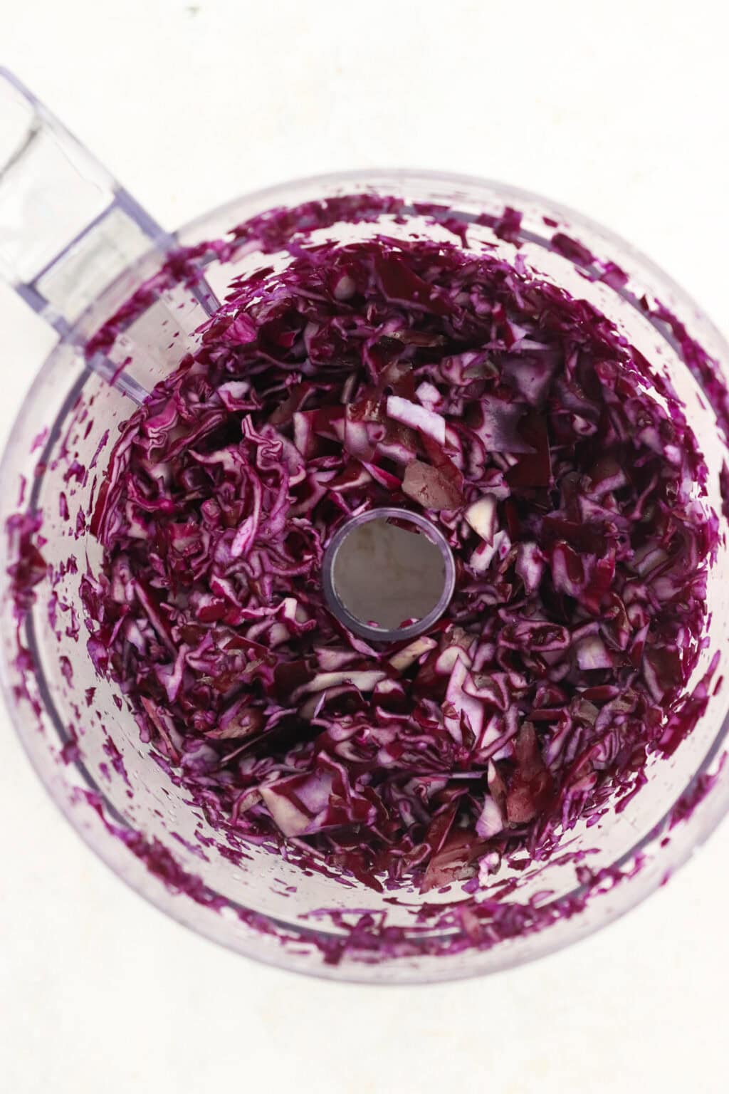 Shredded red cabbage in a food processor