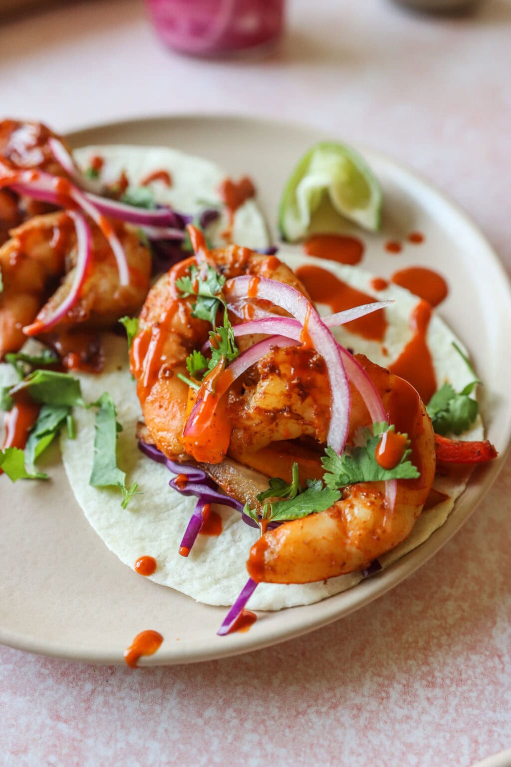 30 Minute Sheetpan Shrimp Fajitas on a cream plate