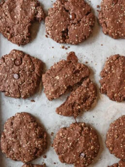 Chocolate Tahini Breakfast Cookies on a baking sheet after being baked