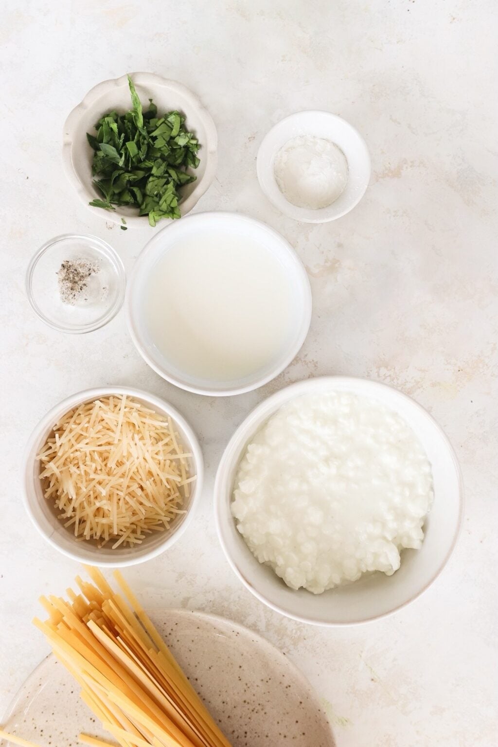 Ingredients for making cottage cheese Alfredo sauce, including bowls of cottage cheese, shredded Parmesan, milk, and seasonings, arranged neatly on a light surface.