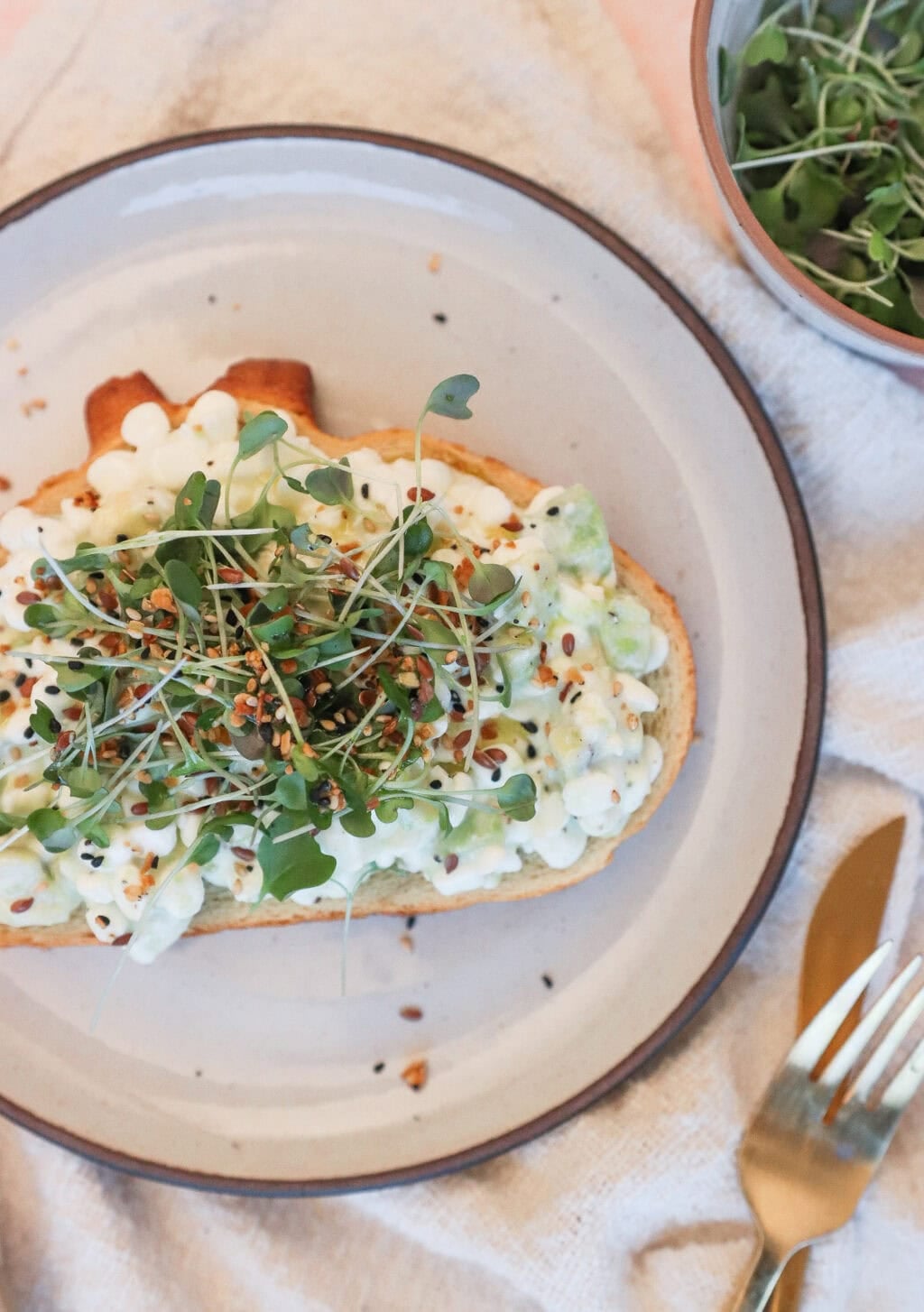 close up and overhead shot of the cottage cheese avocado toast