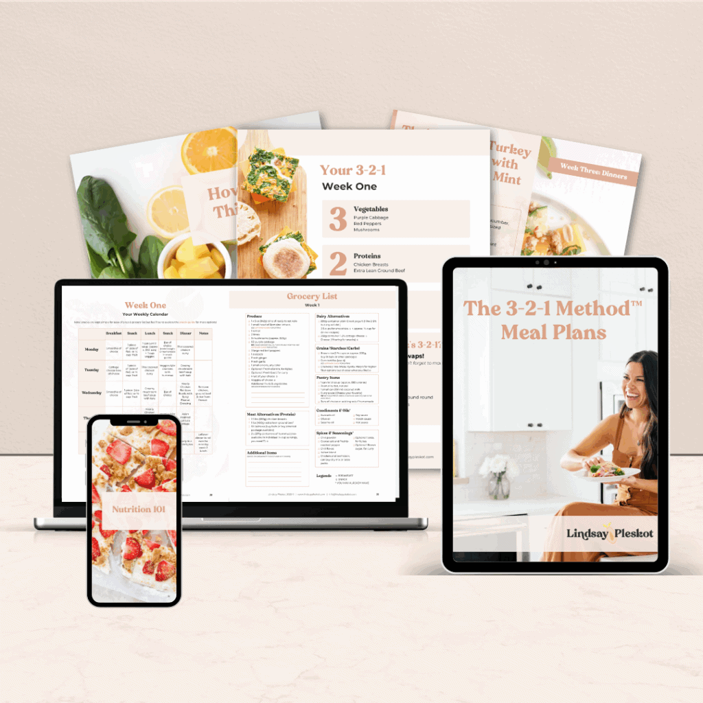 A collection of meal planning materials displayed on various devices and printed pages, including meal plans, recipes, grocery lists, and a smiling woman on a tablet cover titled The 3-2-1 Methodâ„¢ Meal Plans by Lindsay Pleskot.