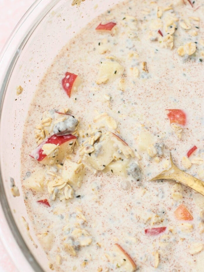 A close-up of a bowl containing a mixture of oats, chopped red apples, raisins, and milk, with visible spices and seeds throughout.