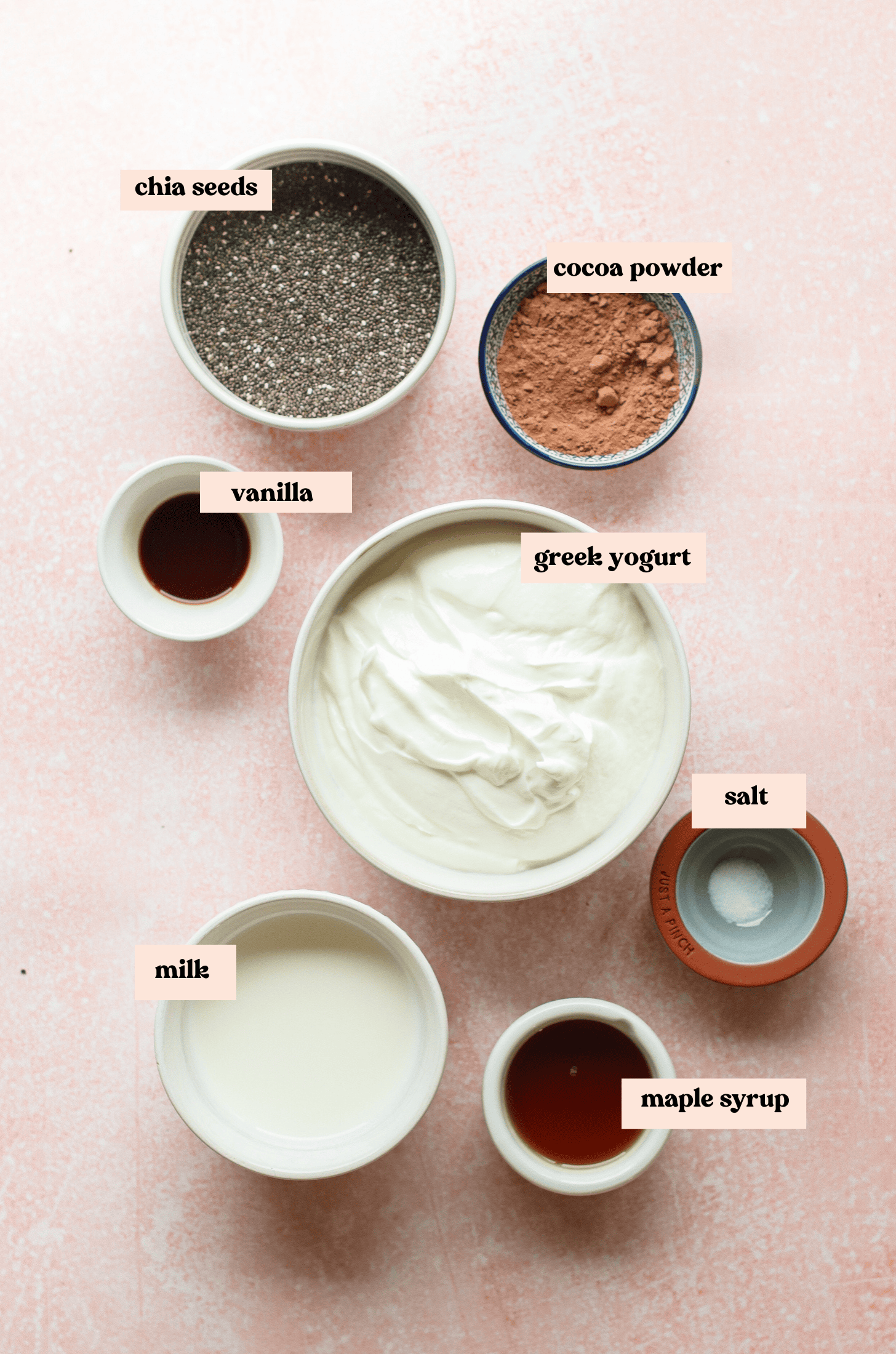 Bowls of ingredients labeled chia seeds, cocoa powder, vanilla, Greek yogurt, salt, milk, and maple syrup are arranged on a light pink surface.