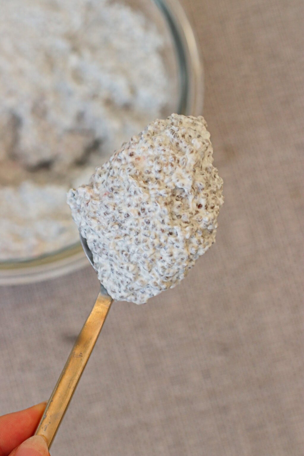 A spoonful of chia seed pudding held above a bowl filled with more pudding, with a textured, creamy appearance.