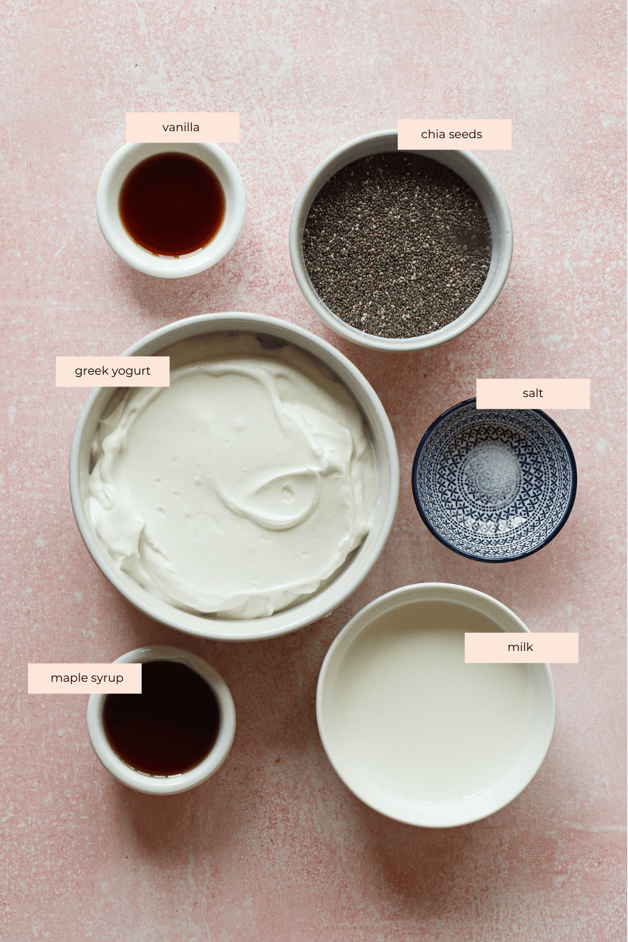 Six bowls on a pink surface contain ingredients labeled as vanilla, chia seeds, greek yogurt, salt, maple syrup, and milk, arranged in a loose circle with the yogurt bowl in the center.