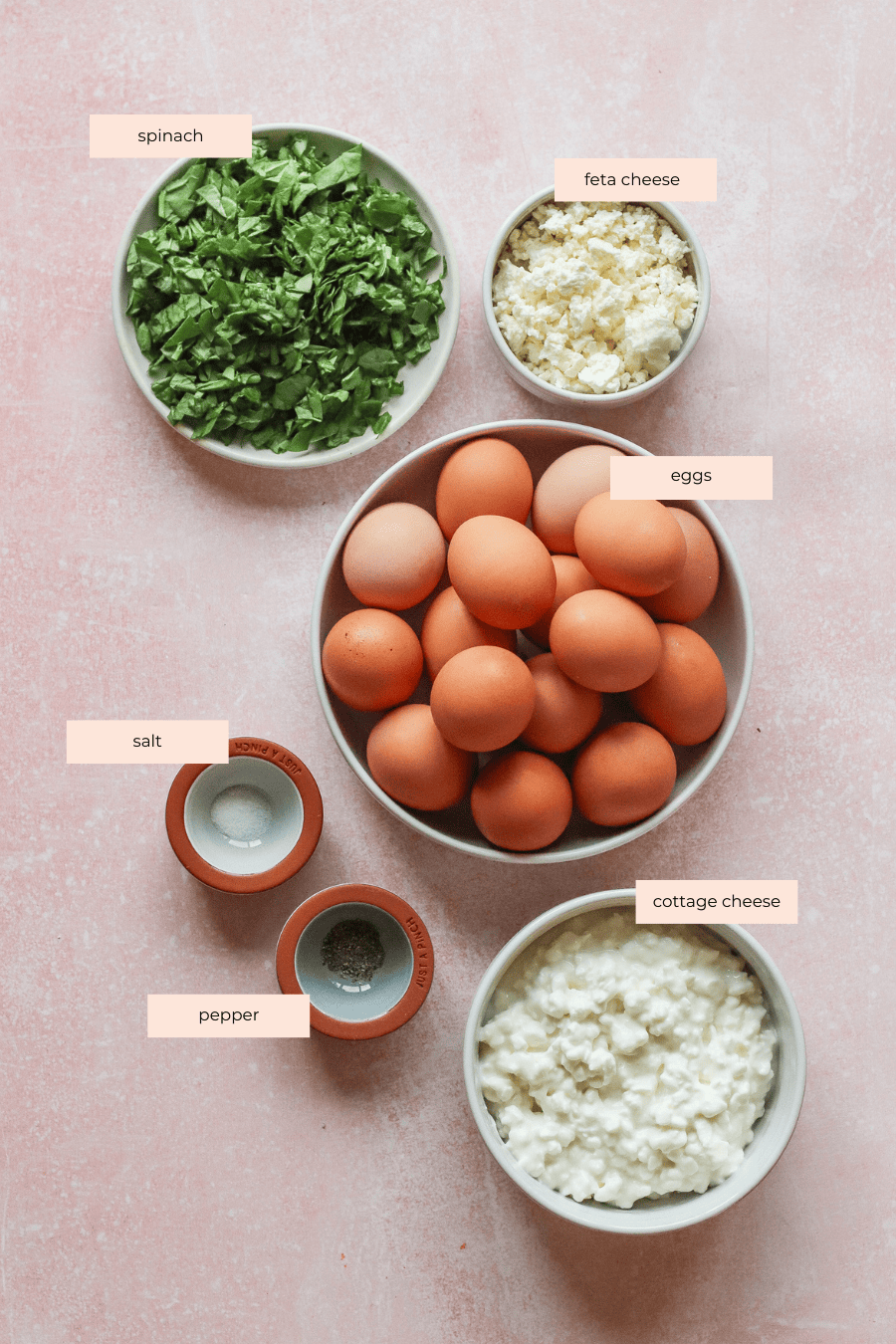 A flat lay of bowls containing spinach, feta cheese, eggs, cottage cheese, salt, and pepper, all labeled, on a pink textured surface.