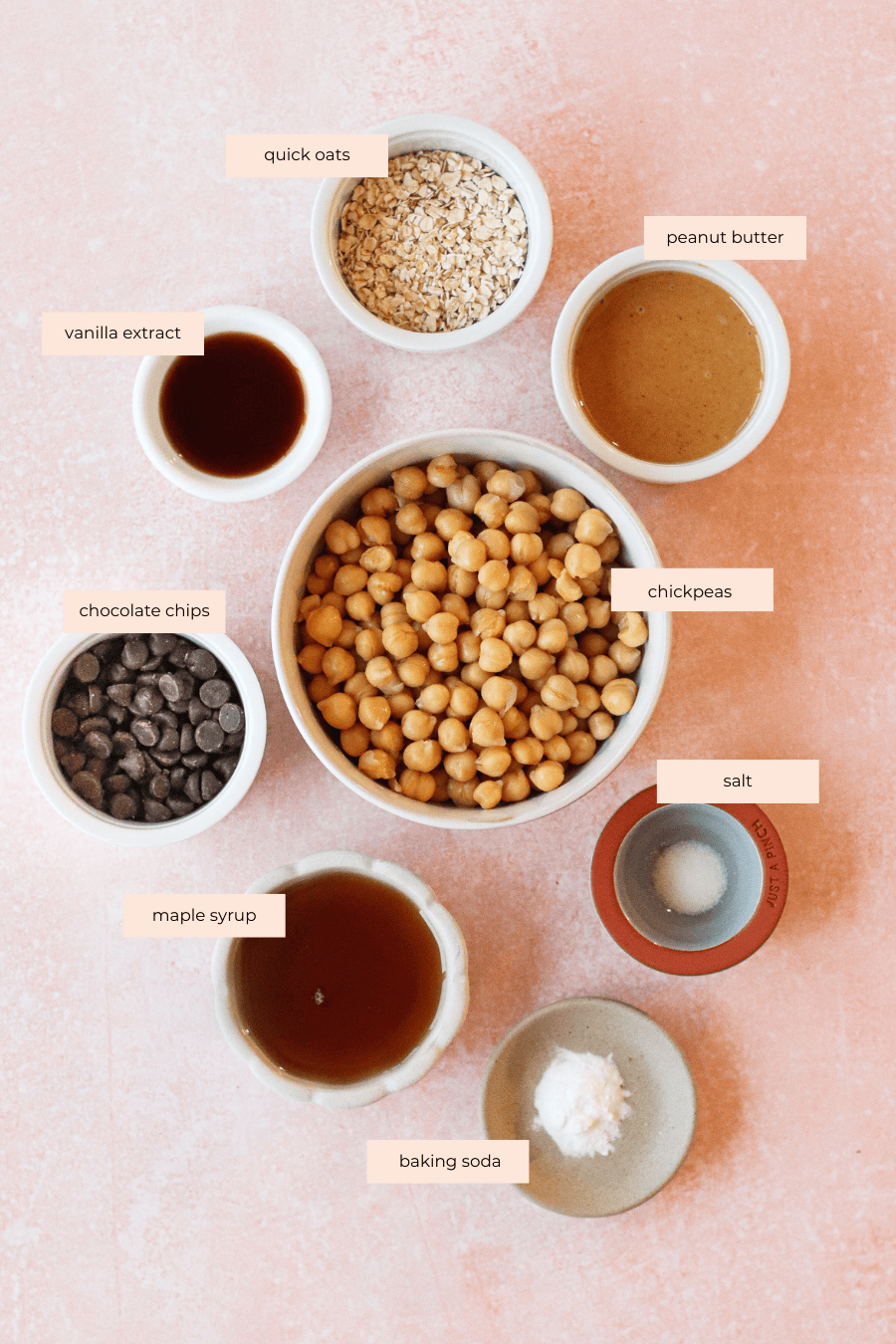 Eight bowls on a pink surface, each labeled: quick oats, peanut butter, chickpeas, chocolate chips, vanilla extract, maple syrup, salt, and baking soda—ingredients for a baking recipe.