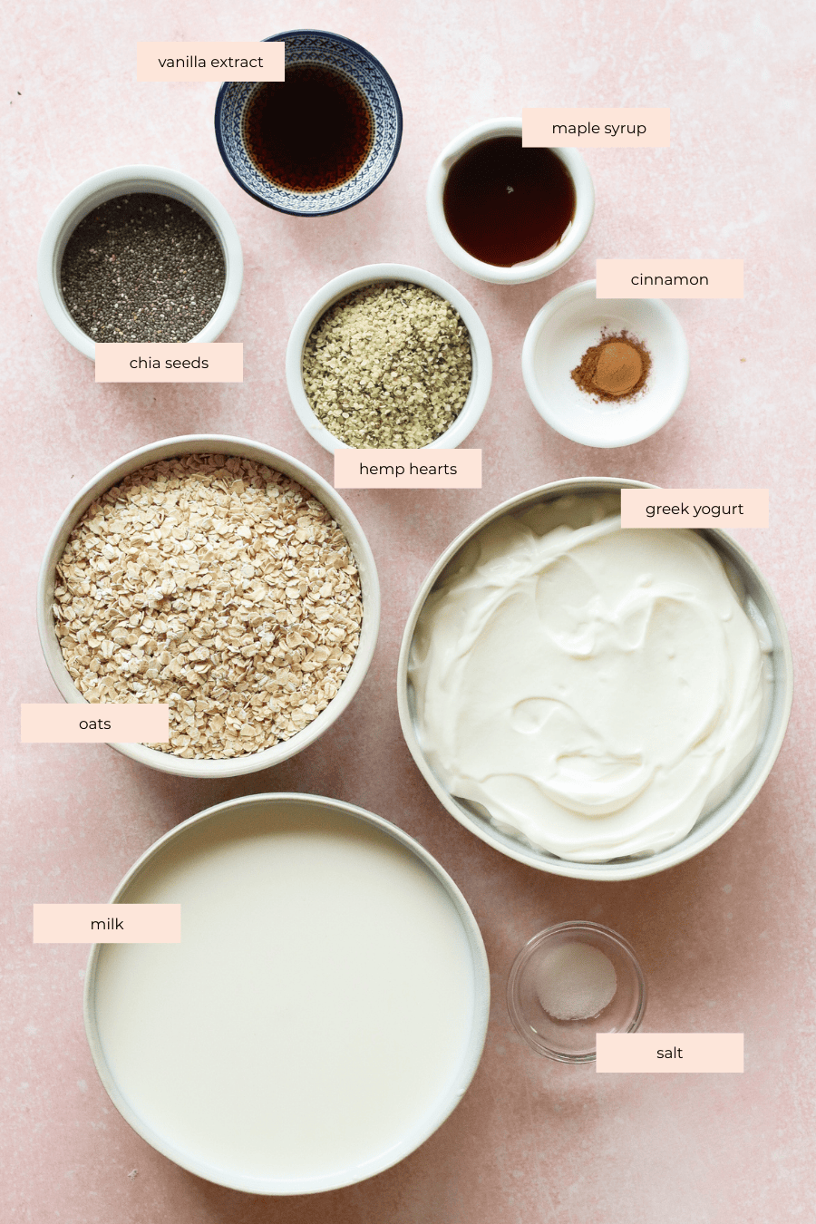 Various ingredients for a healthy breakfast are arranged on a pink surface, including labeled bowls of oats, milk, Greek yogurt, chia seeds, hemp hearts, vanilla extract, maple syrup, cinnamon, and salt.