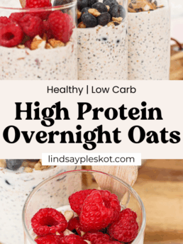 Three glasses of high protein overnight oats topped with fresh raspberries, blueberries, and nuts. Wooden spoons are placed in each glass. Text overlay reads: High Protein Overnight Oats for a nutritious start to your day.