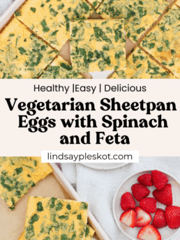 Sliced sheet pan eggs with spinach and feta on a cutting board, served alongside fresh strawberries and a fork, with text overlay highlighting delicious vegetarian sheet pan eggs with spinach and feta.