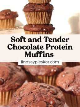 Three stacked chocolate protein muffins rest atop more muffins, with a close-up of chocolate chip muffins below. Text in the center reads: Soft and Tender Chocolate Protein Muffins, lindsaypleskot.com.