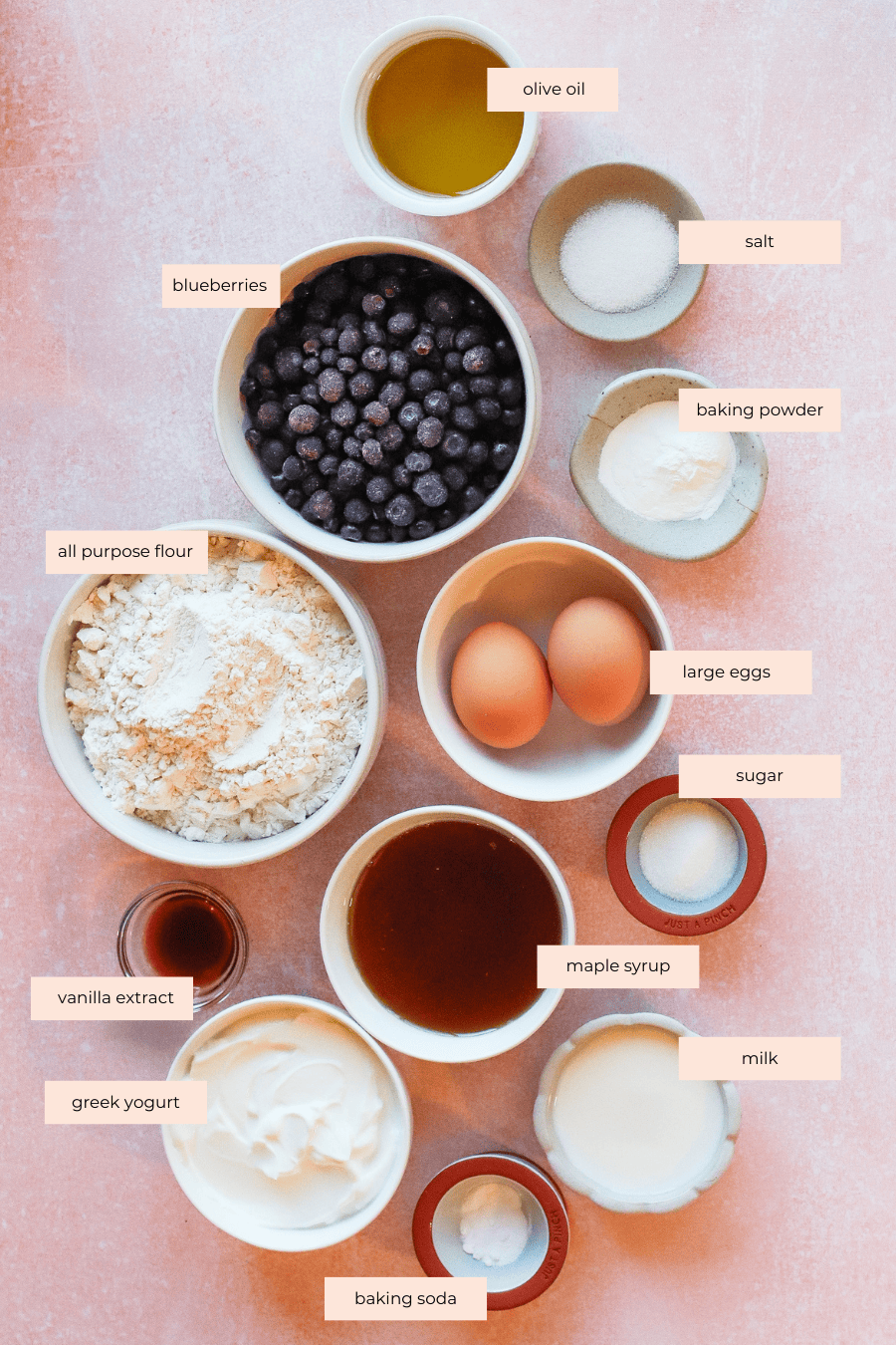 A flat lay of labeled baking ingredients for blueberry and Greek yogurt muffins on a pink background, including olive oil, salt, baking powder, blueberries, flour, eggs, sugar, maple syrup, vanilla extract, Greek yogurt, milk, and baking soda in bowls.