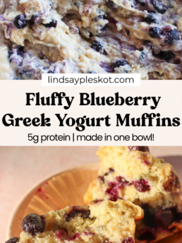 Batter with blueberries being mixed in a bowl, and a close-up of blueberry and Greek yogurt muffins split open on a plate. Text reads: Fluffy Blueberry Greek Yogurt Muffins – 5g protein | made in one bowl!.