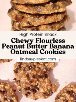 A stack of chewy, flourless banana oatmeal cookies with visible oats and chocolate chips. More banana oatmeal cookies are spread out on a pink surface below the stack. Text promotes these cookies as a high-protein snack.