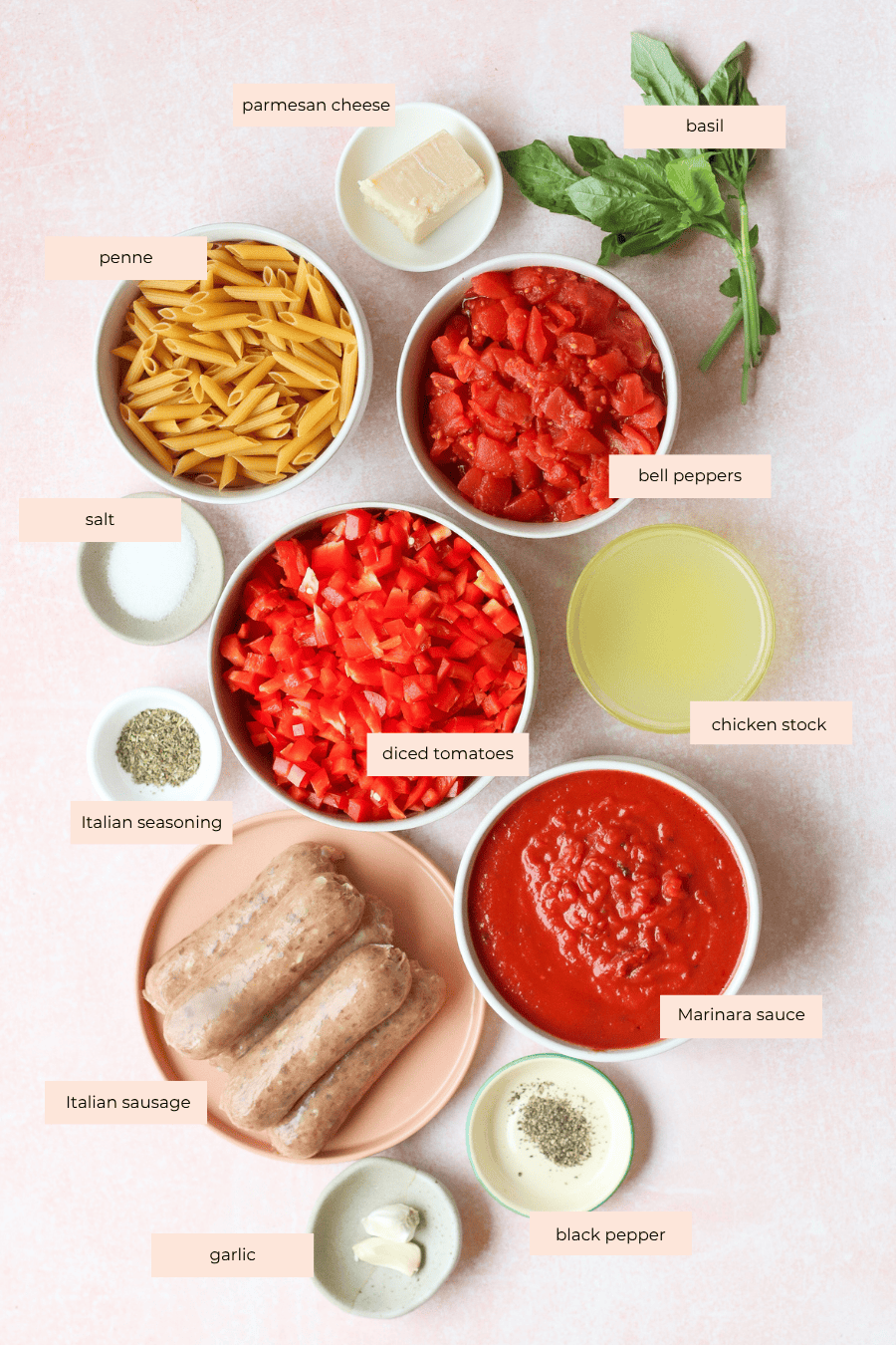 Top-down view of labeled ingredients for a high protein pasta bake, including penne, diced tomatoes, bell peppers, marinara sauce, Italian sausage, chicken stock, parmesan cheese, basil, garlic, salt, pepper, and Italian seasoning.