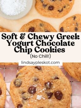 Soft and chewy greek yogurt chocolate chip cookies rest on a baking rack, some topped with flaky sea salt. A bowl of sea salt is in the corner. Text on the image highlights these delicious greek yogurt chocolate chip cookies.
